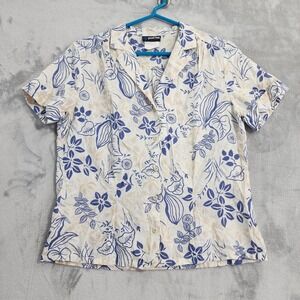 Vintage Panther Shirt Womens L Blue White Floral Hawaiian Tropical Short Sleeves